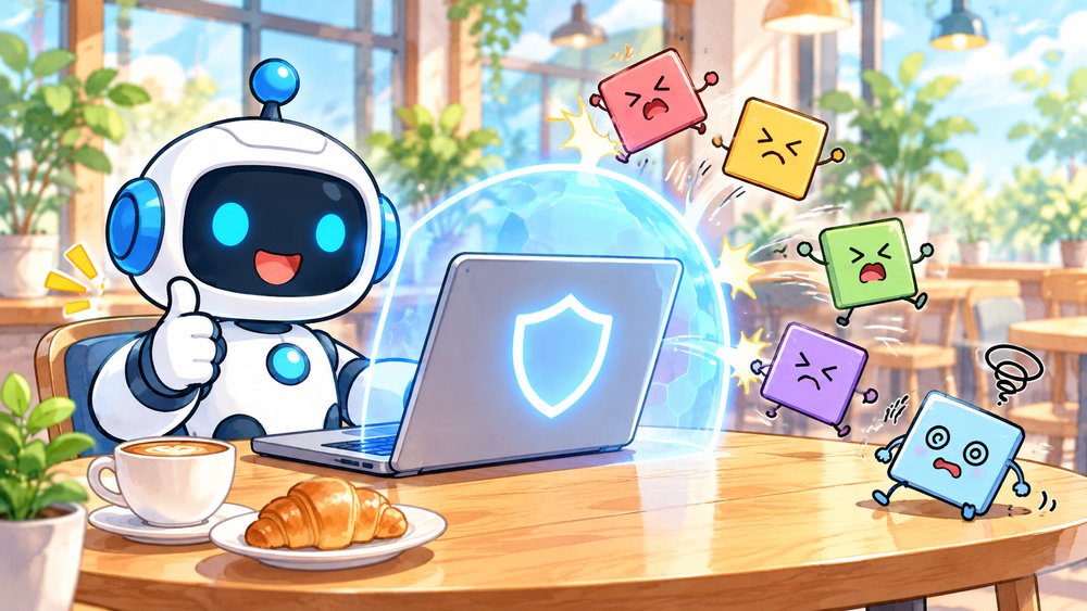バリアでじゃま者をはね返して広告ブロックを実演するロボットのナビ助