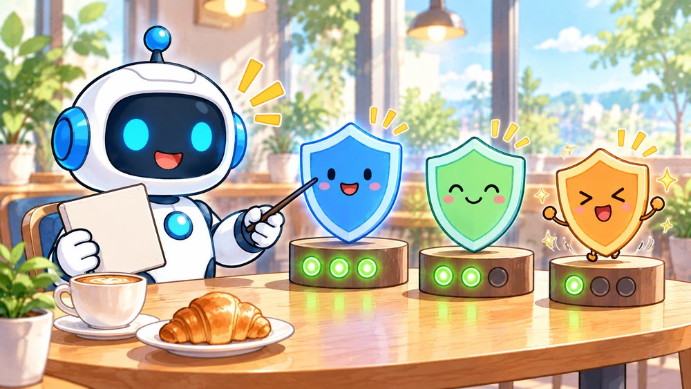3つの盾のランプの数で広告ブロック機能を比べるロボットのナビ助