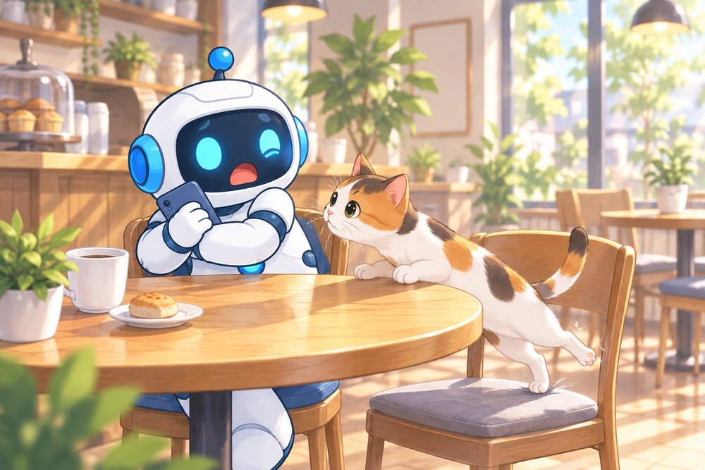 カフェでスマホをのぞき見されそうになるロボットのナビ助