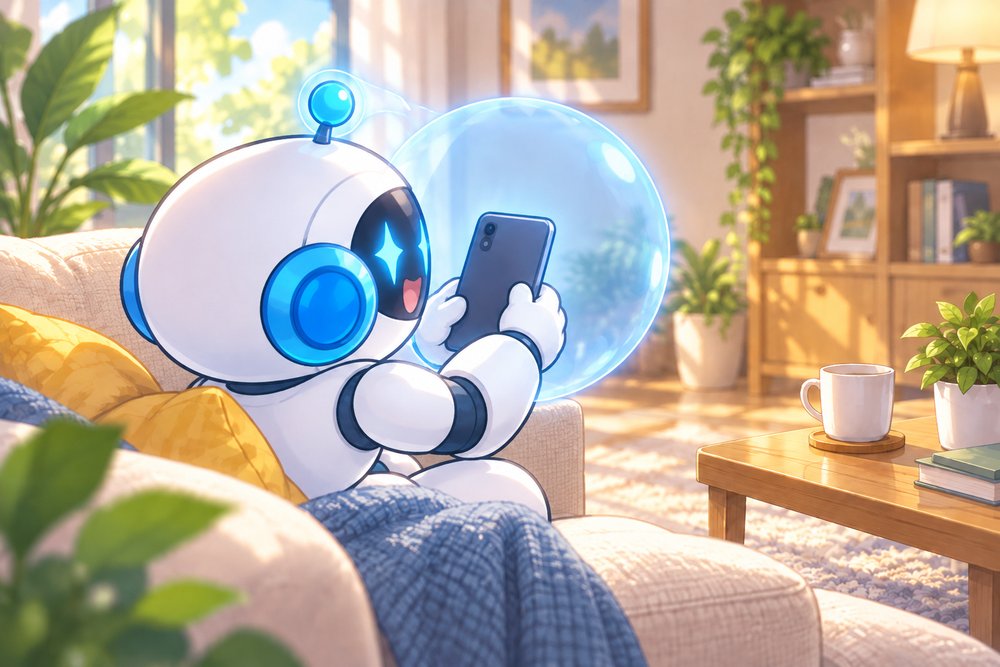 青い膜でスマホを守るロボットのナビ助