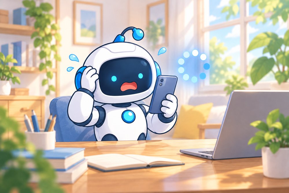 つながらなくてあたふたするロボットのナビ助