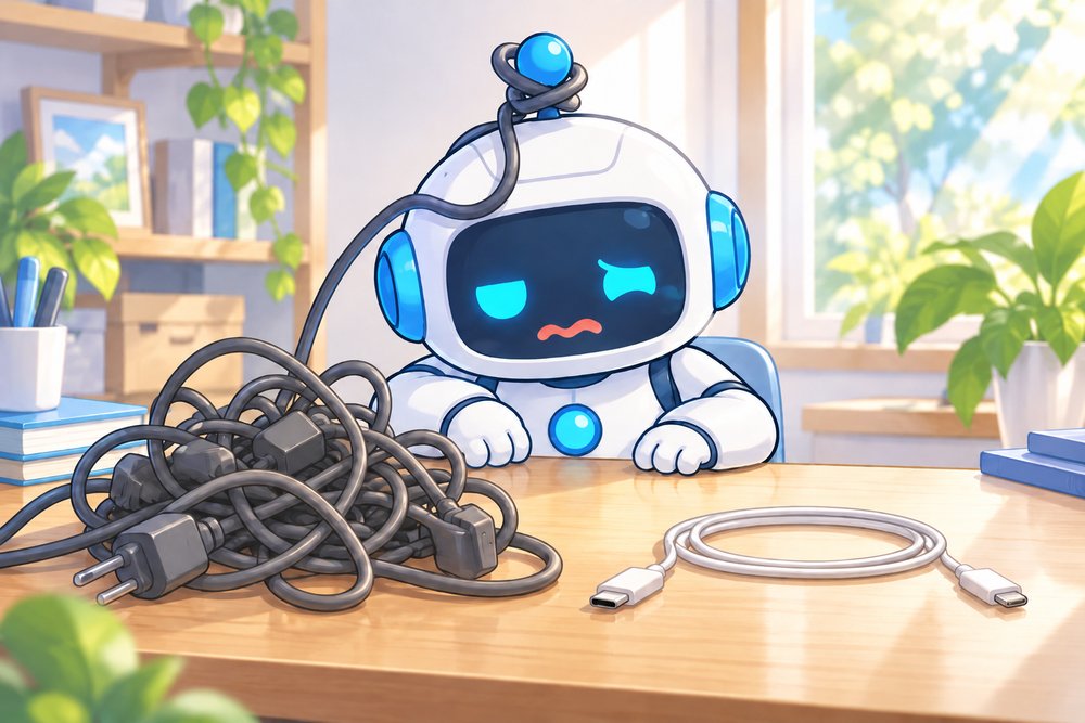 絡まったケーブルを前に困るロボットのナビ助