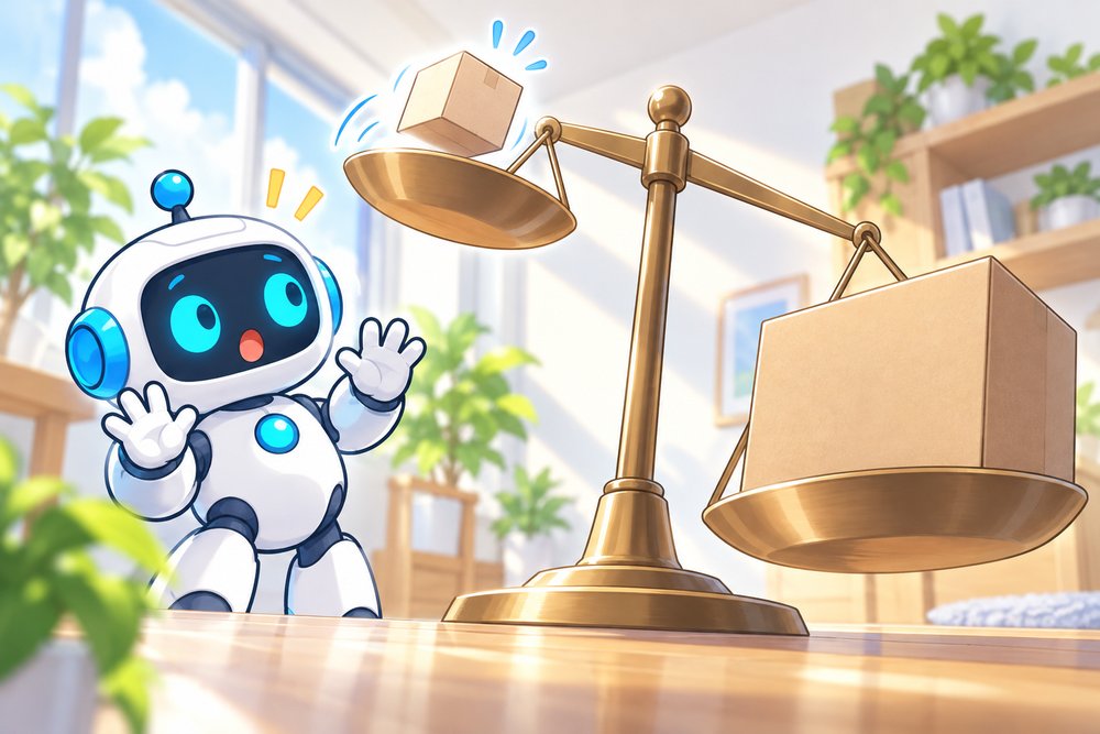 軽い箱が飛び出す天びんを見上げるロボットのナビ助