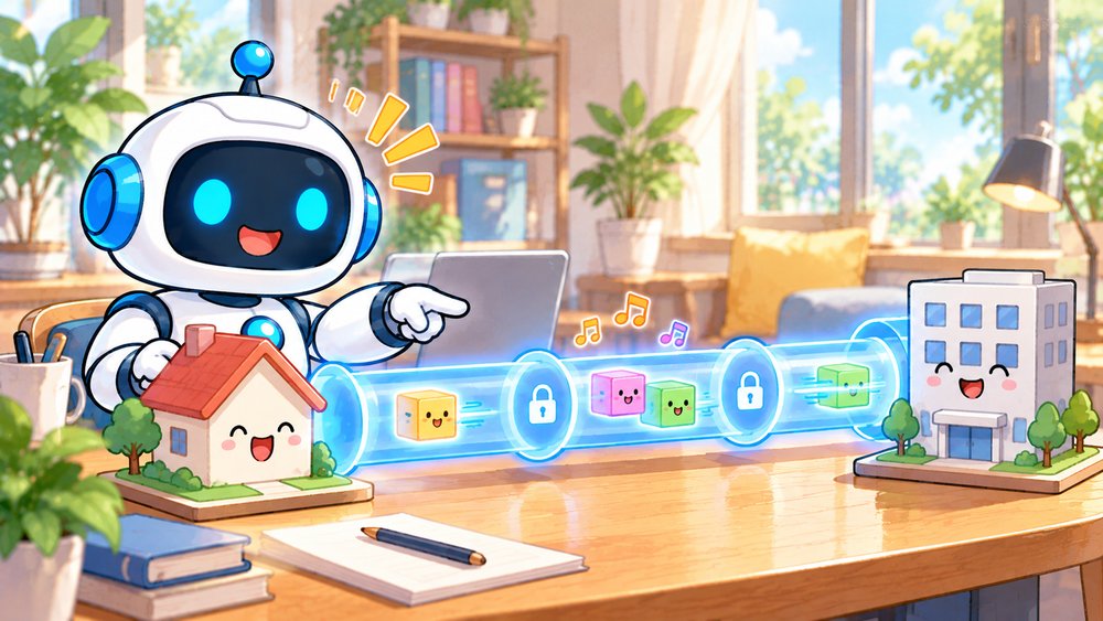 家と会社を安全なトンネルでつなぐ仕組みを説明するロボットのナビ助